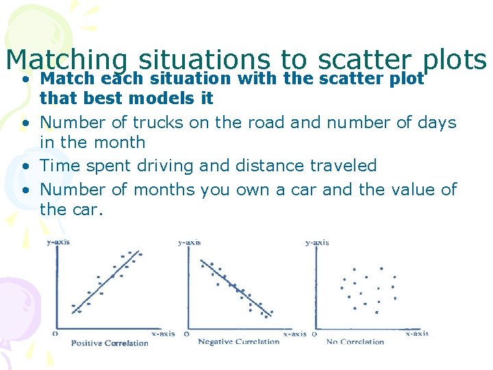 Matching situations to scatter plots • Match each situation with the scatter plot that