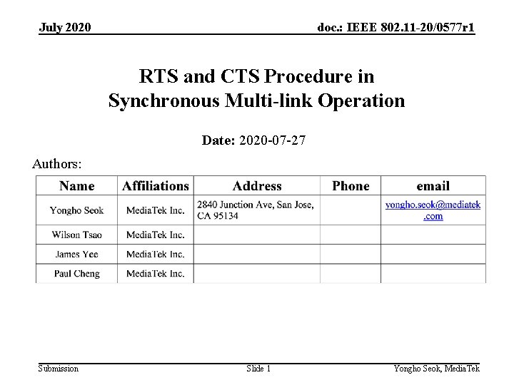 July 2020 doc. : IEEE 802. 11 -20/0577 r 1 RTS and CTS Procedure