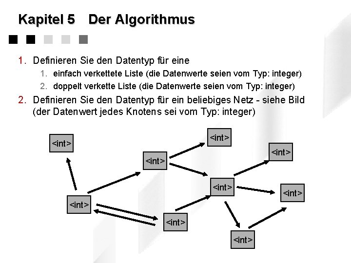 Kapitel 5 Der Algorithmus 1. Definieren Sie den Datentyp für eine 1. einfach verkettete