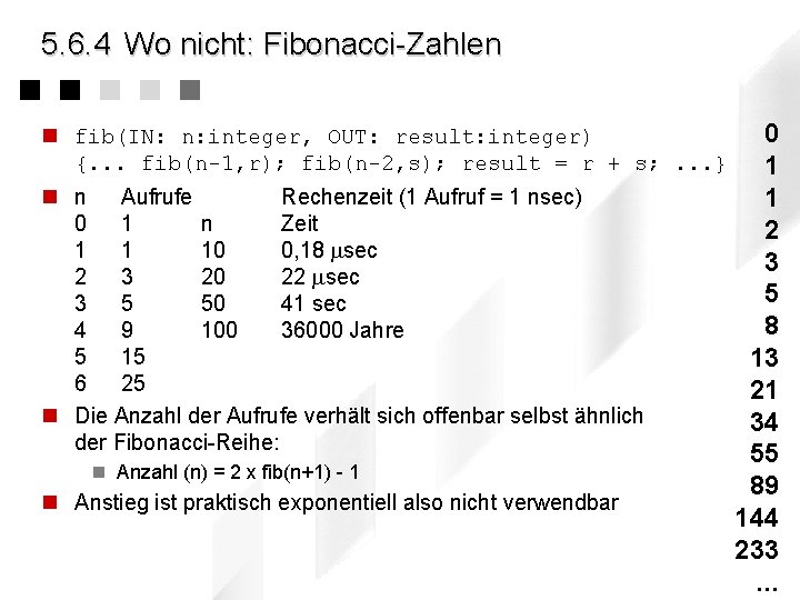 5. 6. 4 Wo nicht: Fibonacci-Zahlen 0 n fib(IN: n: integer, OUT: result: integer)