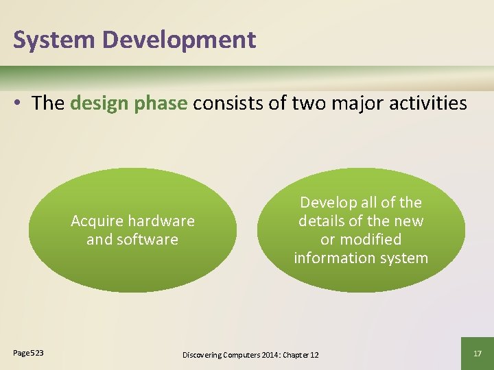 System Development • The design phase consists of two major activities Acquire hardware and