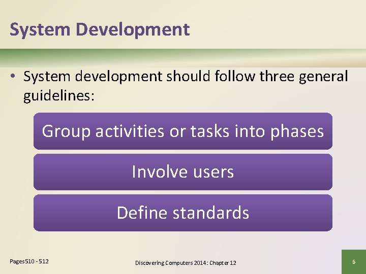 System Development • System development should follow three general guidelines: Group activities or tasks