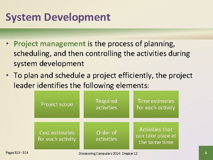 System Development • Project management is the process of planning, scheduling, and then controlling