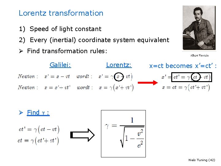 Lorentz transformation 1) Speed of light constant 2) Every (inertial) coordinate system equivalent Ø