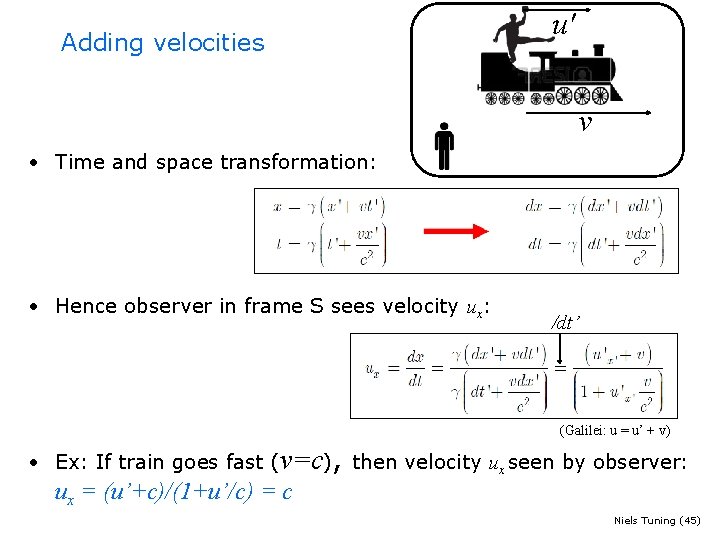 Adding velocities u' v • Time and space transformation: • Hence observer in frame