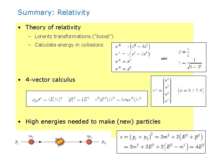 Summary: Relativity • Theory of relativity – Lorentz transformations (“boost”) – Calculate energy in