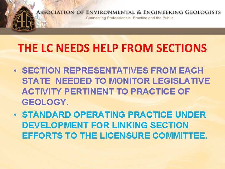 THE LC NEEDS HELP FROM SECTIONS • SECTION REPRESENTATIVES FROM EACH STATE NEEDED TO