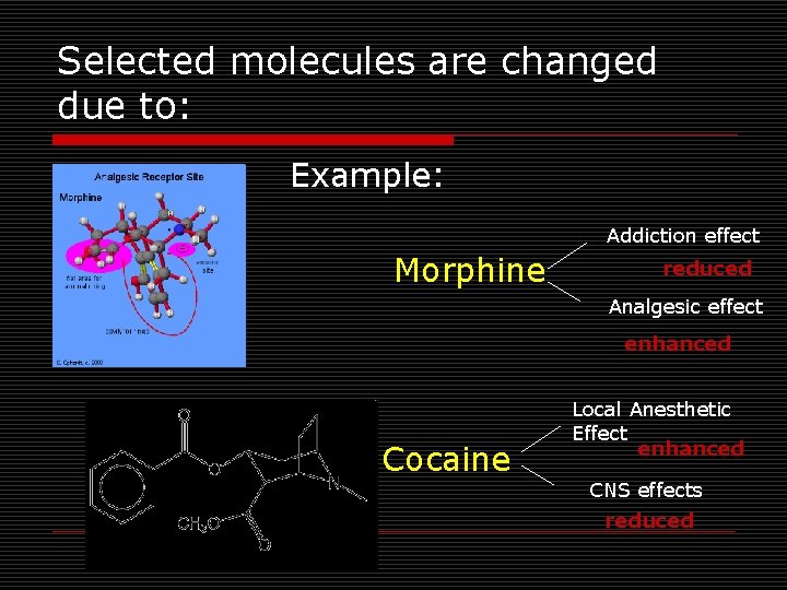Selected molecules are changed due to: Example: Addiction effect Morphine reduced Analgesic effect enhanced