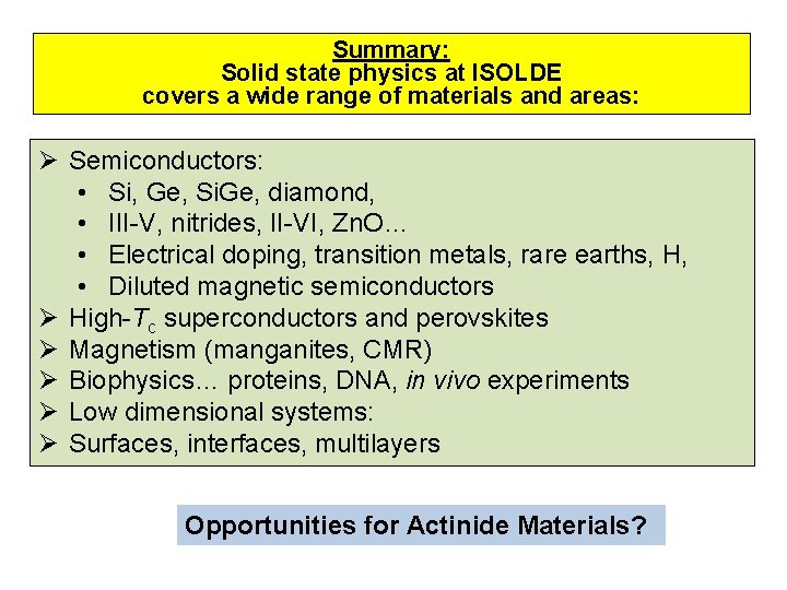Summary: Solid state physics at ISOLDE covers a wide range of materials and areas: