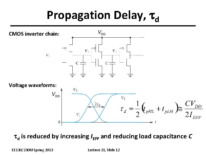 Propagation Delay, td CMOS inverter chain: VDD Voltage waveforms: VDD td is reduced by