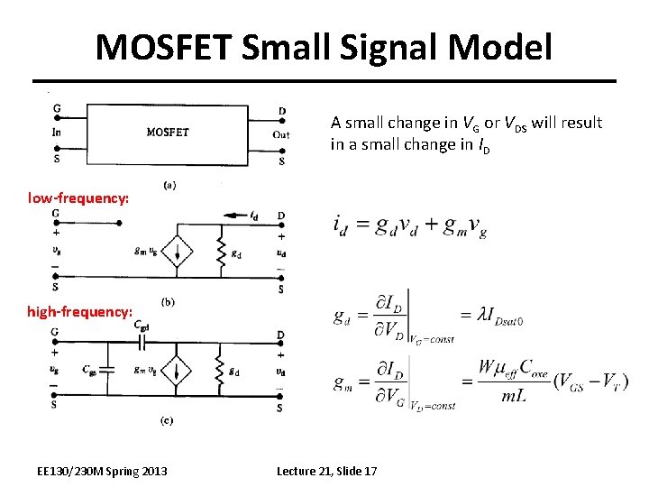 MOSFET Small Signal Model • Conductance parameters: A small change in VG or VDS