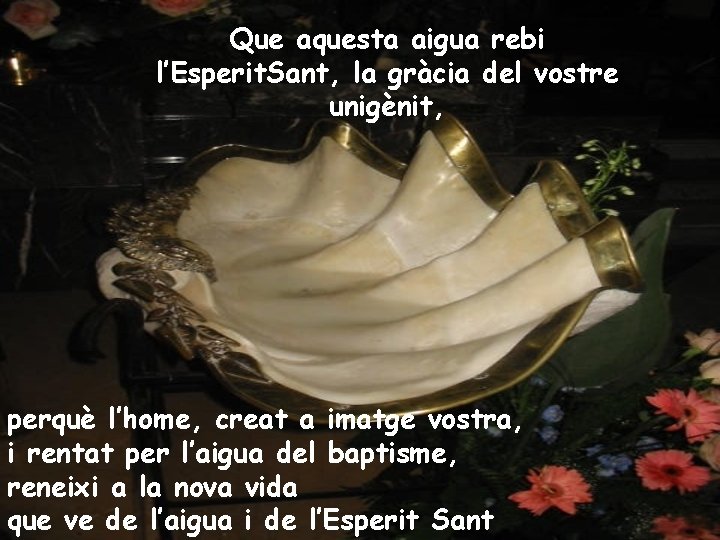 Que aquesta aigua rebi l’Esperit. Sant, la gràcia del vostre unigènit, perquè l’home, creat