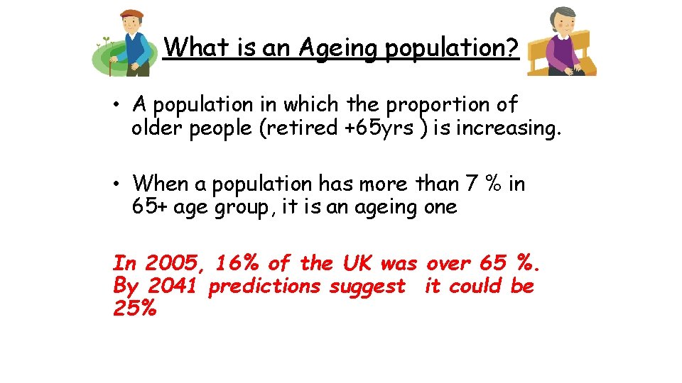 What is an Ageing population? • A population in which the proportion of older