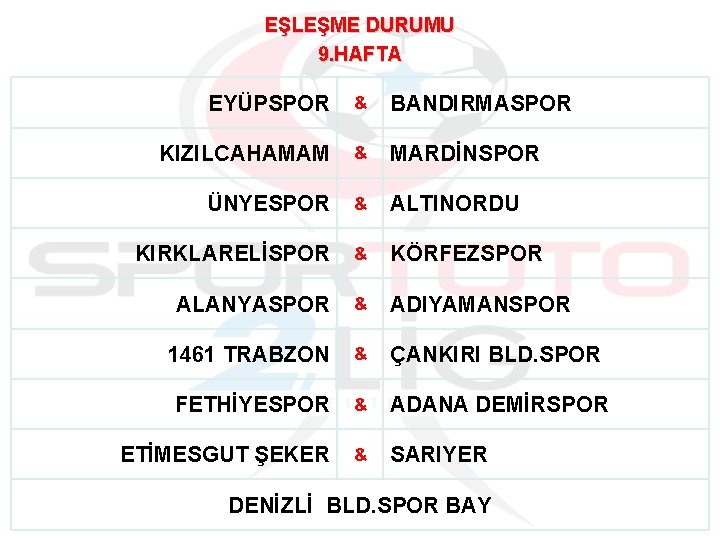 EŞLEŞME DURUMU 9. HAFTA EYÜPSPOR & BANDIRMASPOR KIZILCAHAMAM & MARDİNSPOR ÜNYESPOR & ALTINORDU KIRKLARELİSPOR