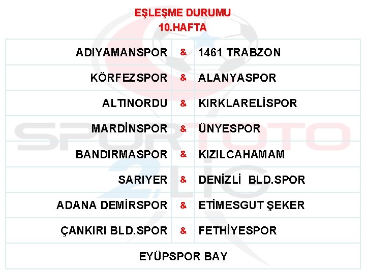 EŞLEŞME DURUMU 10. HAFTA ADIYAMANSPOR & 1461 TRABZON KÖRFEZSPOR & ALANYASPOR ALTINORDU & KIRKLARELİSPOR