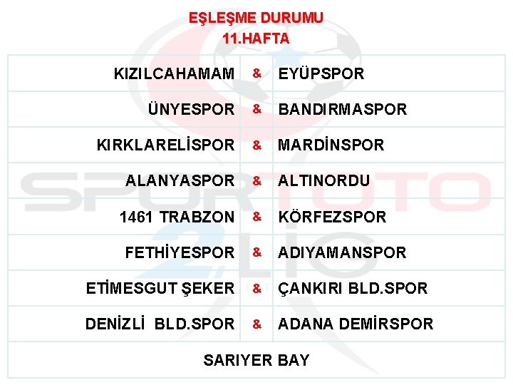 EŞLEŞME DURUMU 11. HAFTA KIZILCAHAMAM & EYÜPSPOR ÜNYESPOR & BANDIRMASPOR KIRKLARELİSPOR & MARDİNSPOR ALANYASPOR