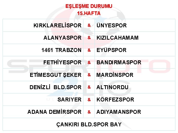 EŞLEŞME DURUMU 15. HAFTA KIRKLARELİSPOR & ÜNYESPOR ALANYASPOR & KIZILCAHAMAM 1461 TRABZON & EYÜPSPOR