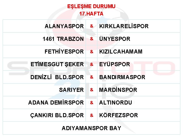 EŞLEŞME DURUMU 17. HAFTA ALANYASPOR & KIRKLARELİSPOR 1461 TRABZON & ÜNYESPOR FETHİYESPOR & KIZILCAHAMAM