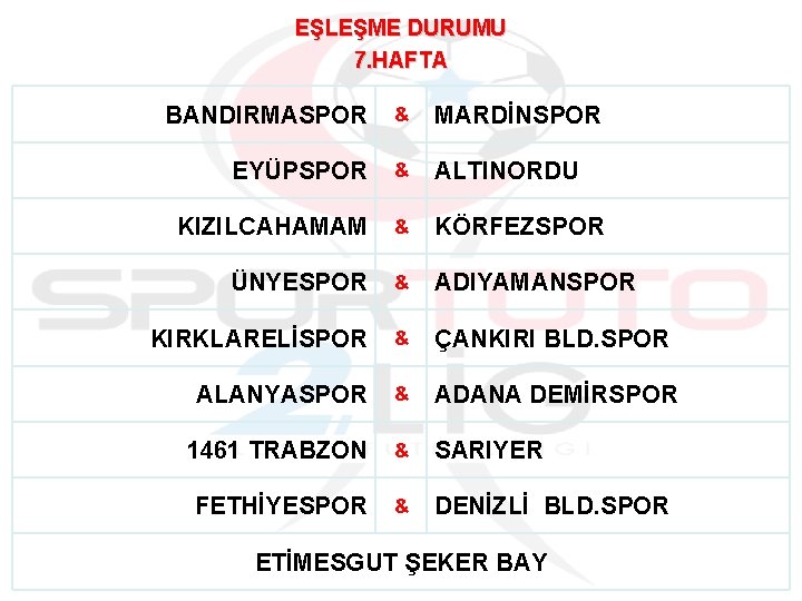 EŞLEŞME DURUMU 7. HAFTA BANDIRMASPOR & MARDİNSPOR EYÜPSPOR & ALTINORDU KIZILCAHAMAM & KÖRFEZSPOR ÜNYESPOR