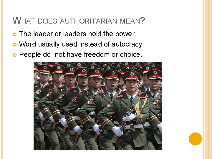 WHAT DOES AUTHORITARIAN MEAN? The leader or leaders hold the power. Word usually used WHAT DOES AUTHORITARIAN MEAN? The leader or leaders hold the power. Word usually used