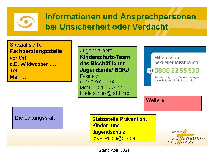 Informationen und Ansprechpersonen bei Unsicherheit oder Verdacht Spezialisierte Fachberatungsstelle vor Ort: z. B. Wildwasser