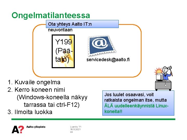 Ongelmatilanteessa Ota yhteys Aalto IT: n neuvontaan Y 199 (Päätalo) servicedesk@aalto. fi 1. Kuvaile