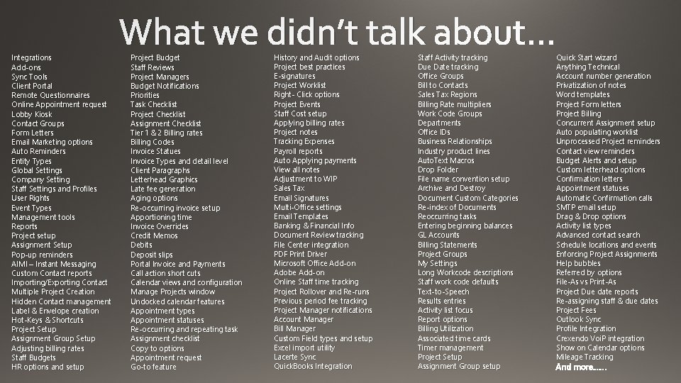 Integrations Add-ons Sync Tools Client Portal Remote Questionnaires Online Appointment request Lobby Kiosk Contact