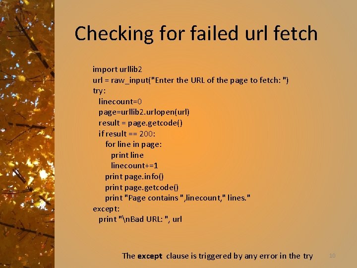 Checking for failed url fetch import urllib 2 url = raw_input("Enter the URL of