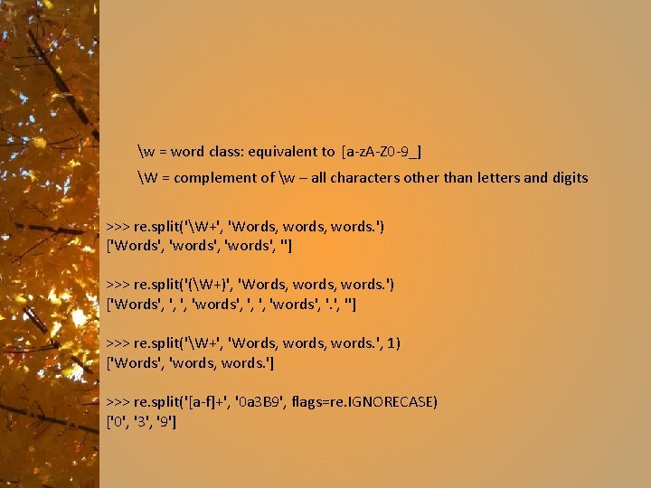 w = word class: equivalent to [a-z. A-Z 0 -9_] W = complement of