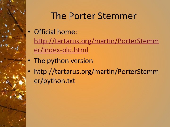 The Porter Stemmer • Official home: http: //tartarus. org/martin/Porter. Stemm er/index-old. html • The