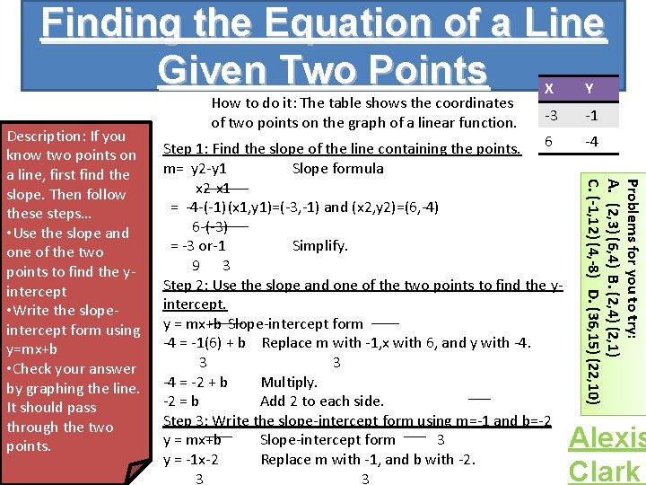 Finding the Equation of a Line Given Two Points X Y -3 Step 1: