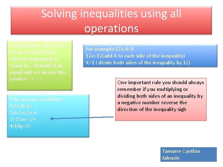 Solving inequalities using all operations An inequality can be use when we don’t know