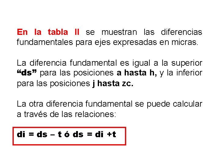 En la tabla II se muestran las diferencias fundamentales para ejes expresadas en micras.