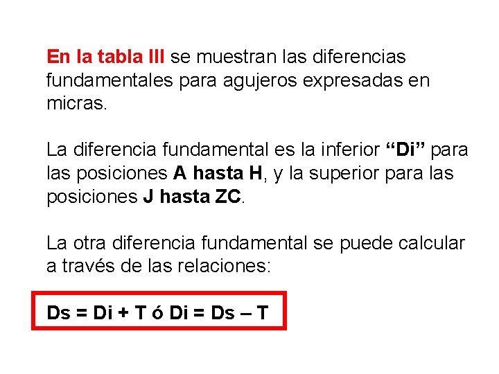 En la tabla III se muestran las diferencias fundamentales para agujeros expresadas en micras.