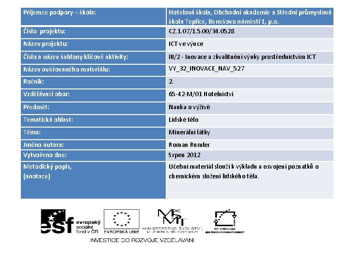 Příjemce podpory – škola: Číslo projektu: Hotelová škola, Obchodní akademie a Střední průmyslová škola