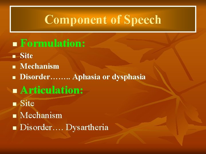 Component of Speech n Formulation: n Site Mechanism Disorder……. . Aphasia or dysphasia n