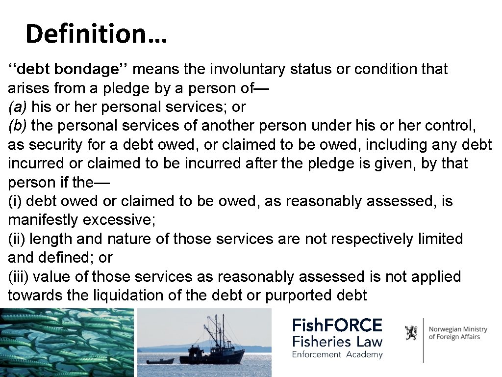 Definition… ‘‘debt bondage’’ means the involuntary status or condition that arises from a pledge