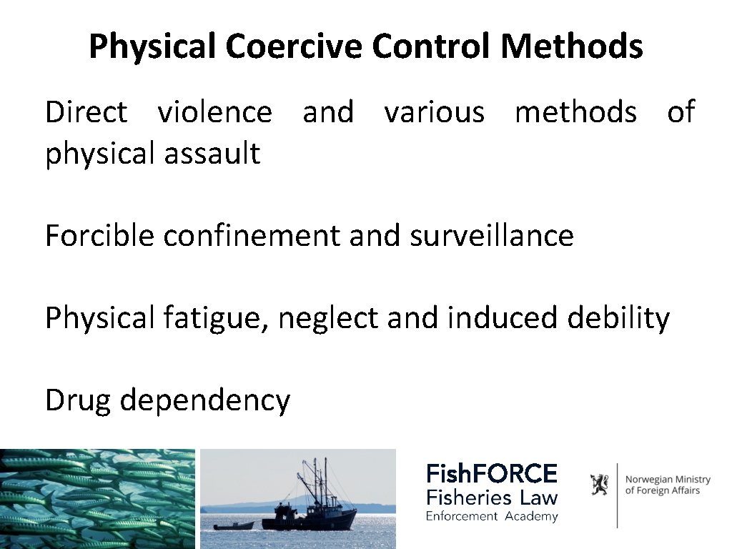 Physical Coercive Control Methods Direct violence and various methods of physical assault Forcible confinement