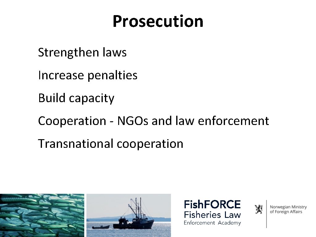 Prosecution Strengthen laws Increase penalties Build capacity Cooperation - NGOs and law enforcement Transnational
