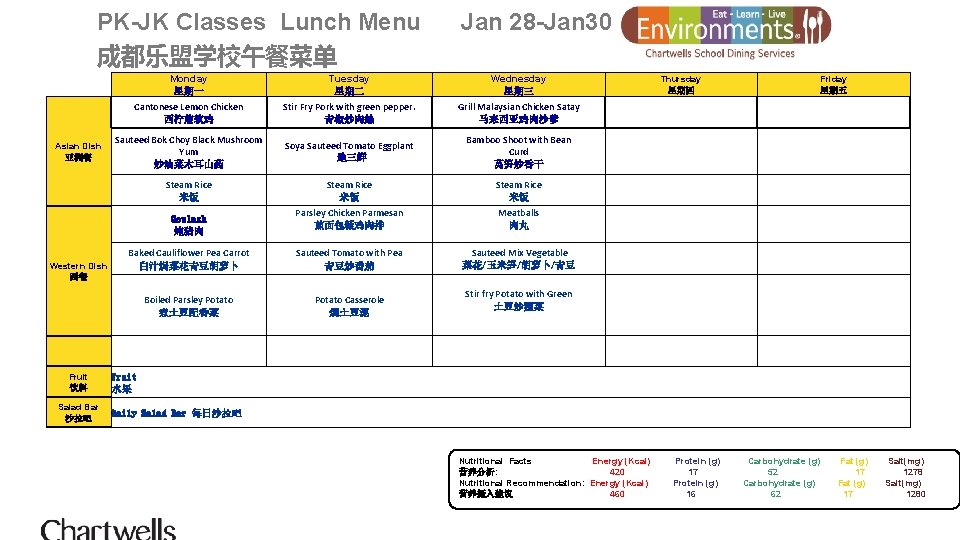 PK-JK Classes Lunch Menu 成都乐盟学校午餐菜单 Asian Dish 亚洲餐 Monday 星期一 Tuesday 星期二 Wednesday 星期三