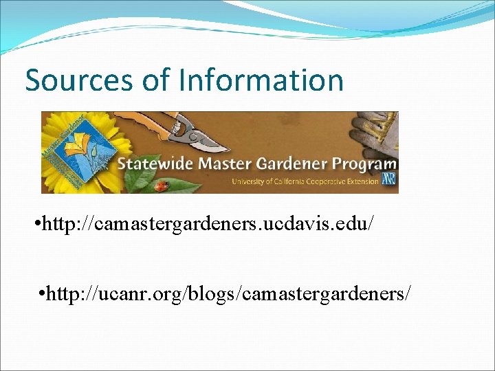 Sources of Information • http: //camastergardeners. ucdavis. edu/ • http: //ucanr. org/blogs/camastergardeners/ 