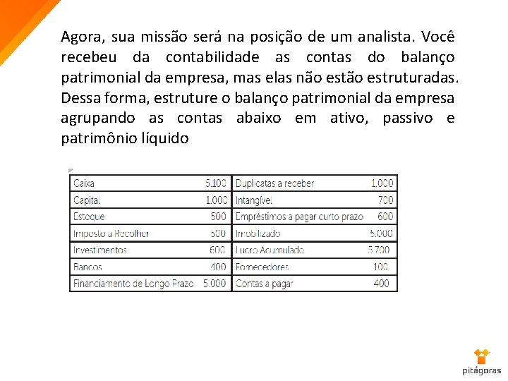 Agora, sua missão será na posição de um analista. Você recebeu da contabilidade as