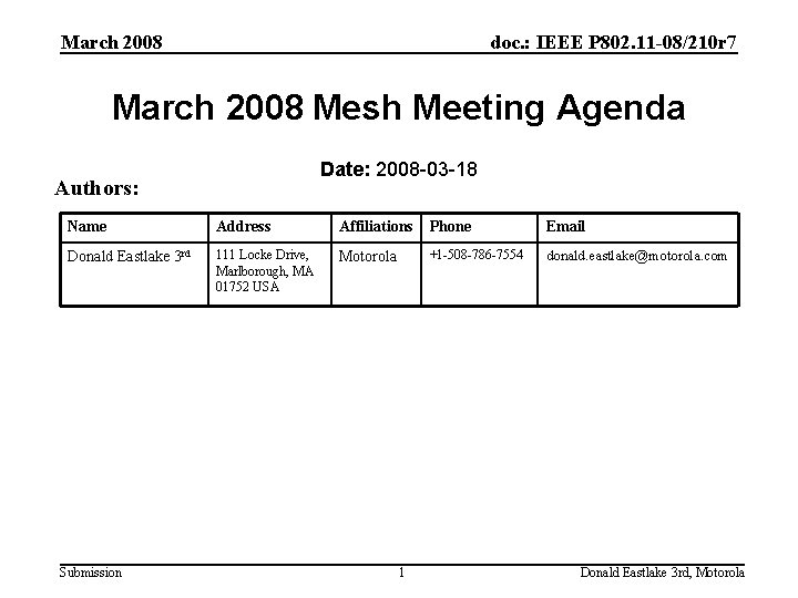 March 2008 doc. : IEEE P 802. 11 -08/210 r 7 March 2008 Mesh