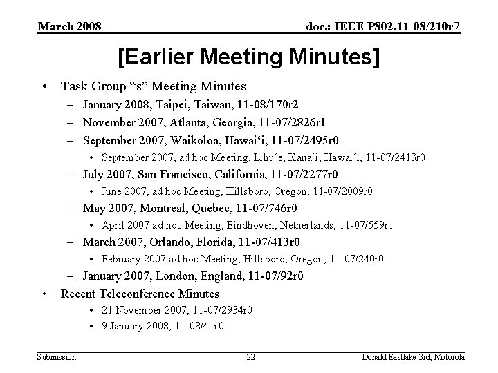 March 2008 doc. : IEEE P 802. 11 -08/210 r 7 [Earlier Meeting Minutes]