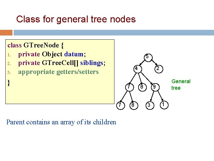 Class for general tree nodes class GTree. Node { 1. private Object datum; 10