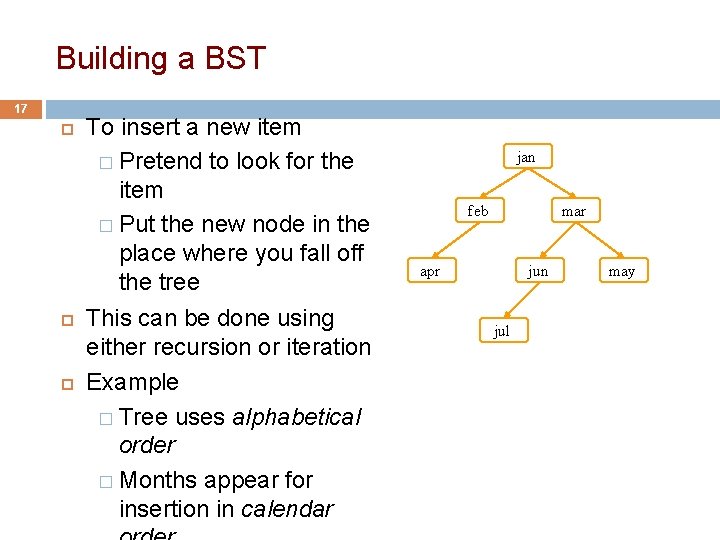 Building a BST 17 To insert a new item � Pretend to look for