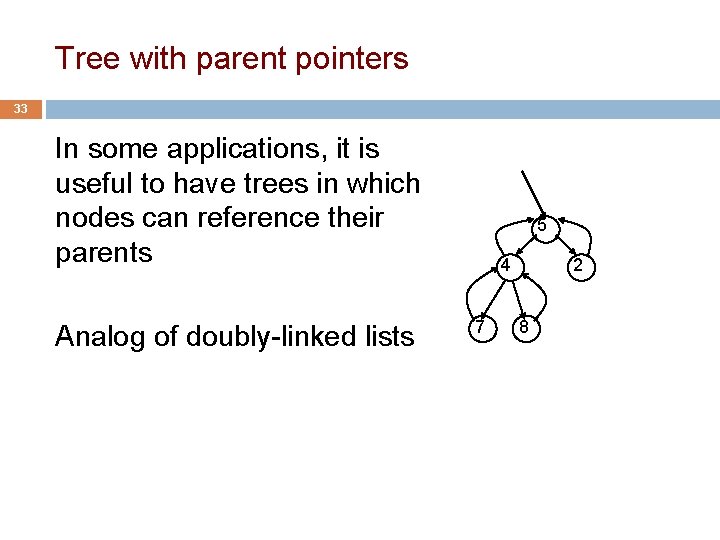 Tree with parent pointers 33 In some applications, it is useful to have trees