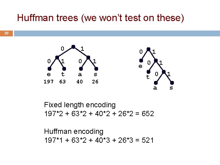 Huffman trees (we won’t test on these) 39 0 1 0 1 e t