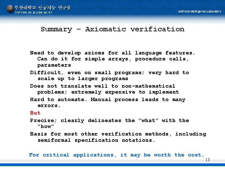 Summary – Axiomatic verification Need to develop axioms for all language features. Can do