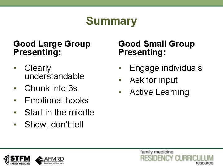 Summary Good Large Group Presenting: Good Small Group Presenting: • Clearly understandable • Chunk